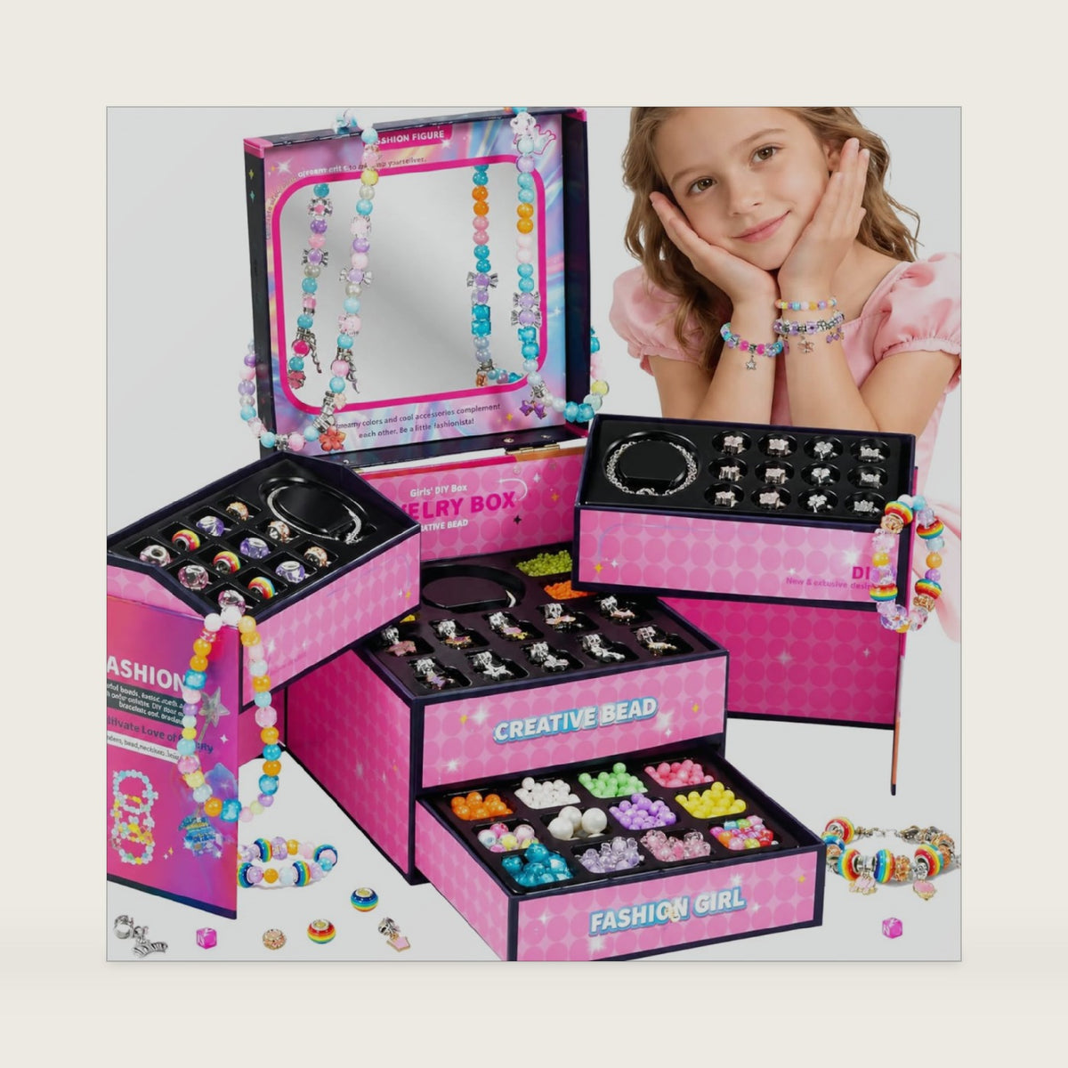 WOANZZ Charm Bracelet Making Kit, DIY Jewelry Making Kits for Girls 8-12, Jewelry Box with Beads Necklace Kit Crafts Birthday Gift for 6 7 8 10 11 12 Year Old Girl, Pink