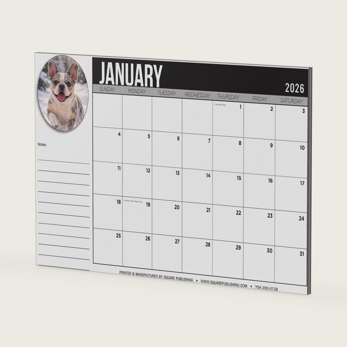 2026 French Bulldog Desktop Calendar - Large 19"x13" Monthly Desk Calendar with Cute Dog Photography, Notes and Holidays