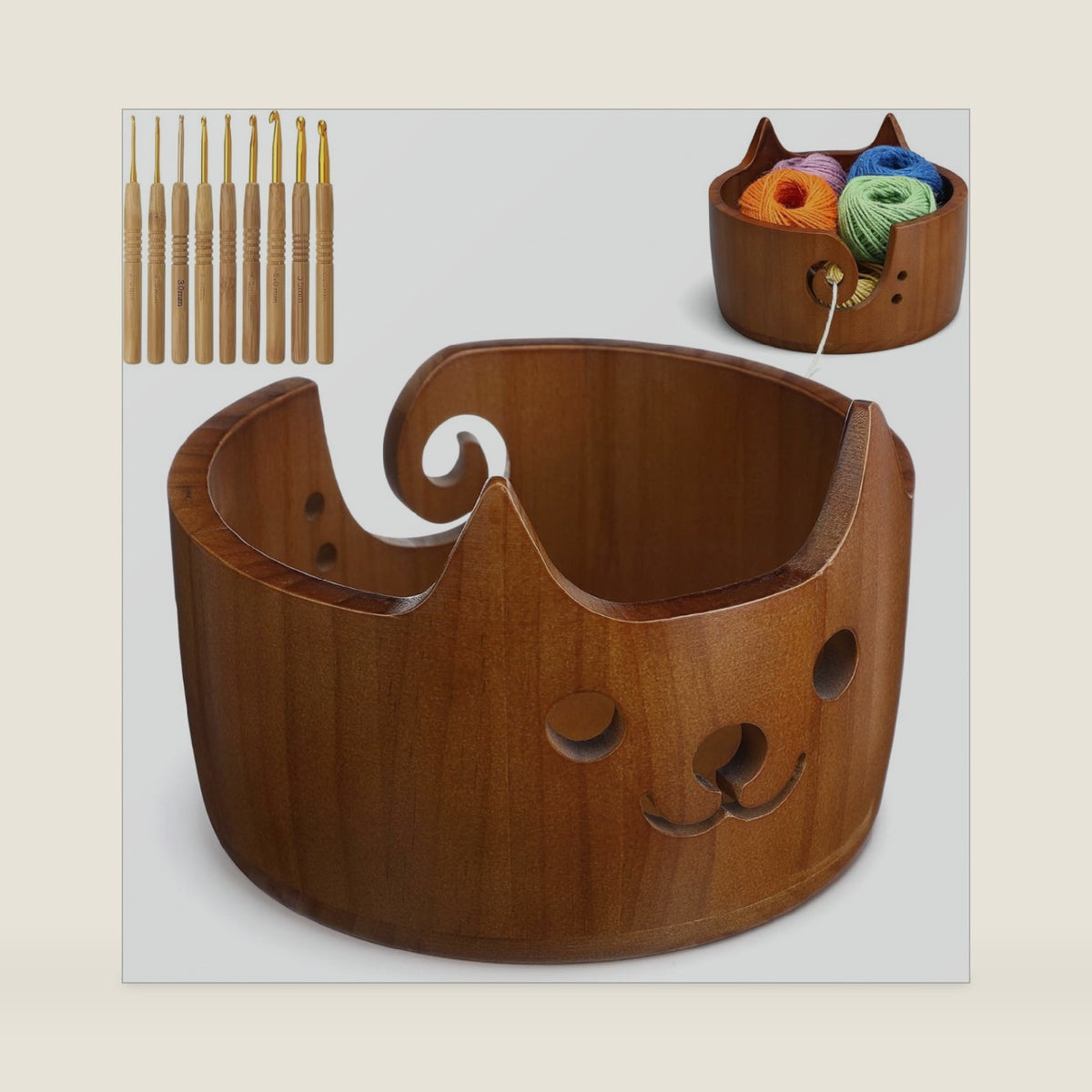 Giegxin Wooden Cat Yarn Bowl with 9 Pcs Crochet Hooks, 7.5x5in, Dark Brown