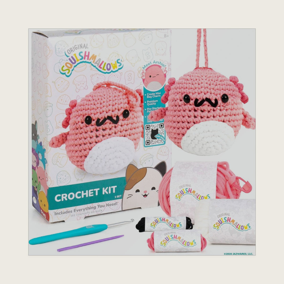 Original ™ Crochet Kit – Archie Bag Charm, Axolotl Crochet Kit for Beginners with Yarn, Starter Hooks, Step-by-Step Tutorials, DIY Craft, Great Teen Gifts