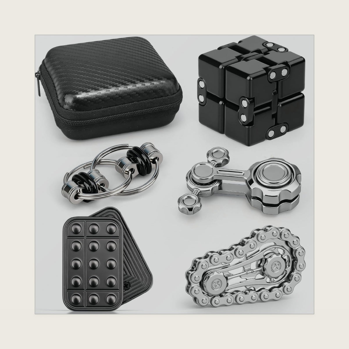 Fidget Spinner Pack Toy for Kid Adult, Sprockets Bike Chain Slider Infinite Cube Push Clicker Ring Hand Roller Sensory Toy for Stress Relief, Metal Fidget Pack Cool Birthday Gift for Boy Men Girl