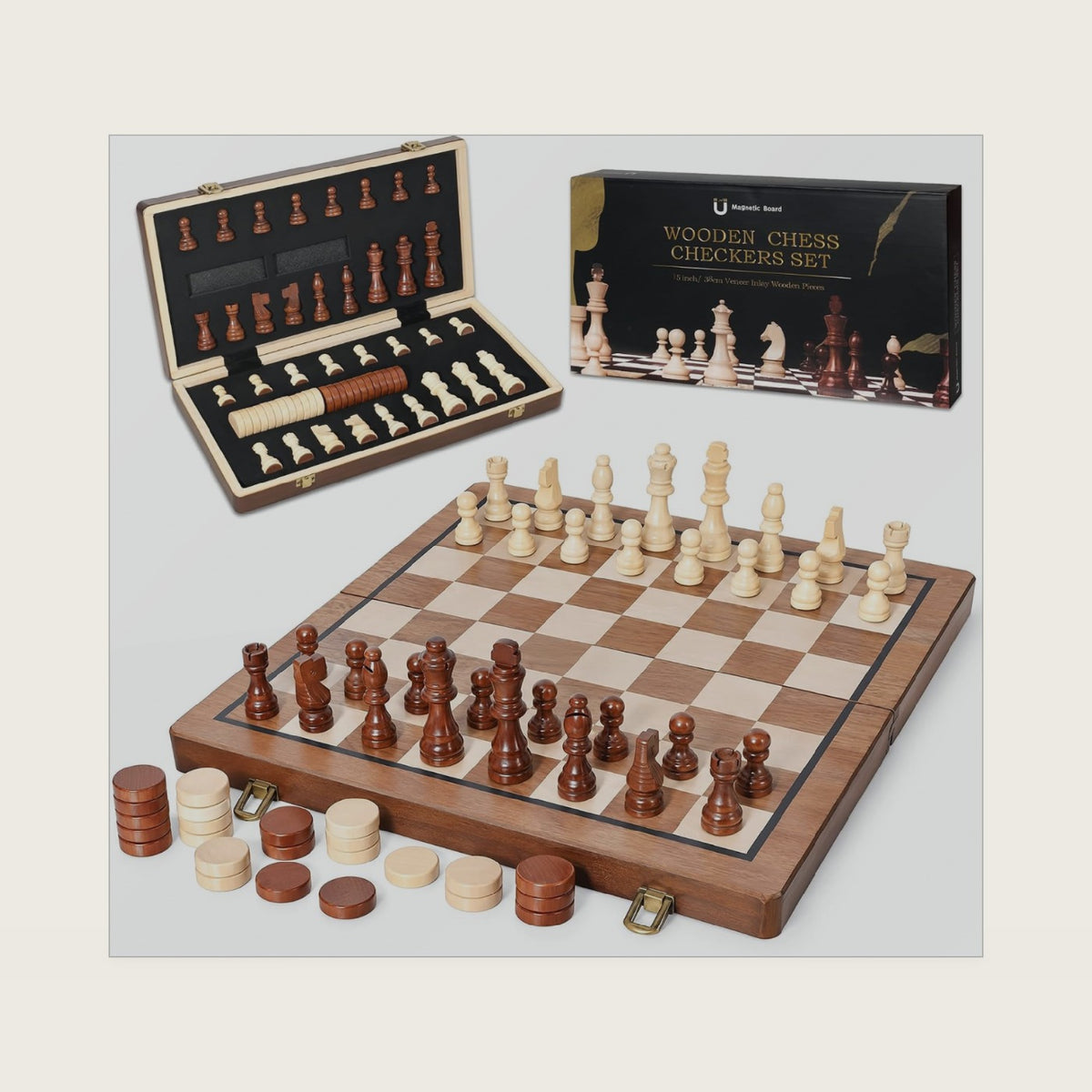 Hvygss 15 Inch Magnetic Chess Board, Foldable Wooden Chess Set with Checkers, Handcrafted Pieces with 2 Extra Queens, Portable Travel Board Game for Kids 6+ (Walnut Style, 15 Inch)