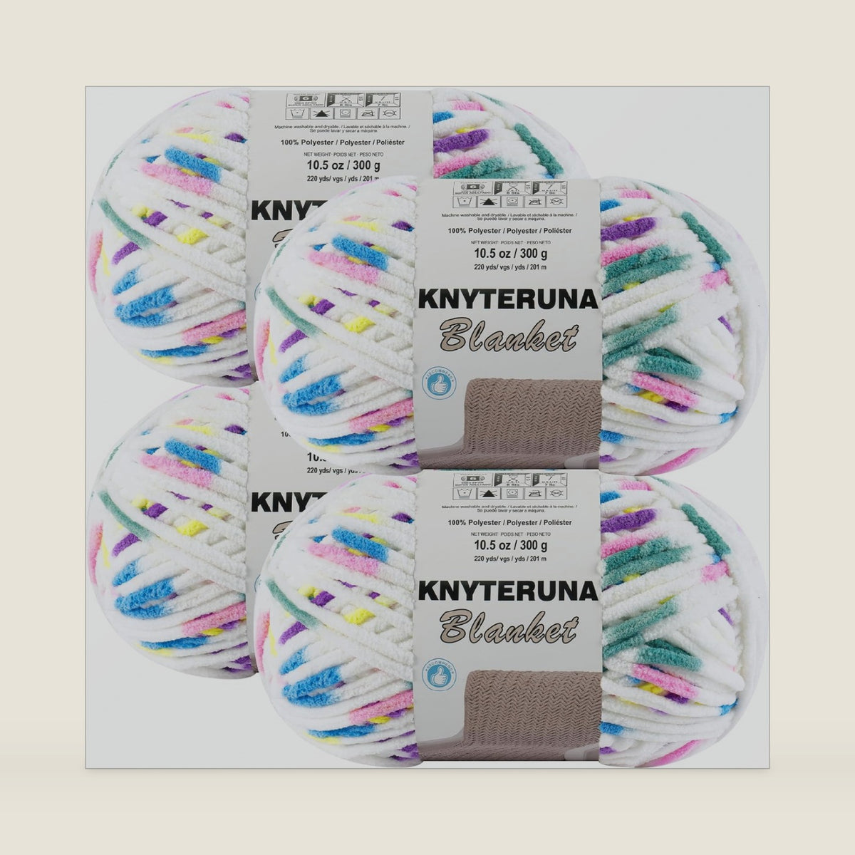 #6 Super Bulky Blanket Yarn for Crocheting - 4 Skeins(Each 10.5oz/300g, 220yds/201m), Chunky Chenille Thick Plush Big Soft Yarn for Crocheting Knitting Blankets, Rainbow & White