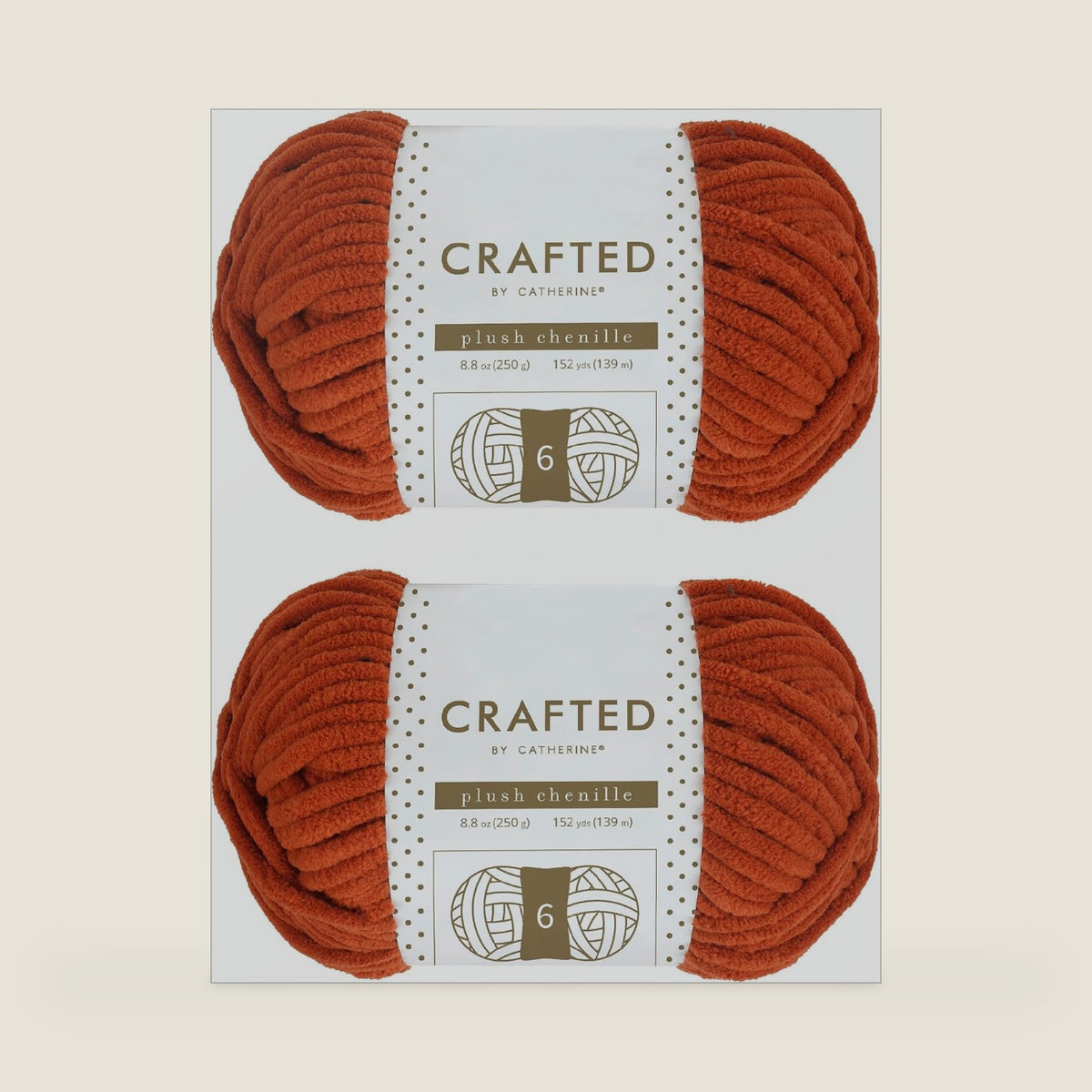 Crafted by Catherine Plush Chenille Yarn for Knitting, Crocheting and Amigurumi - 2 Pack (8.8 oz / 250g, 152 Yards Each Skein), Cinnamon, Gauge 6 Super Bulky