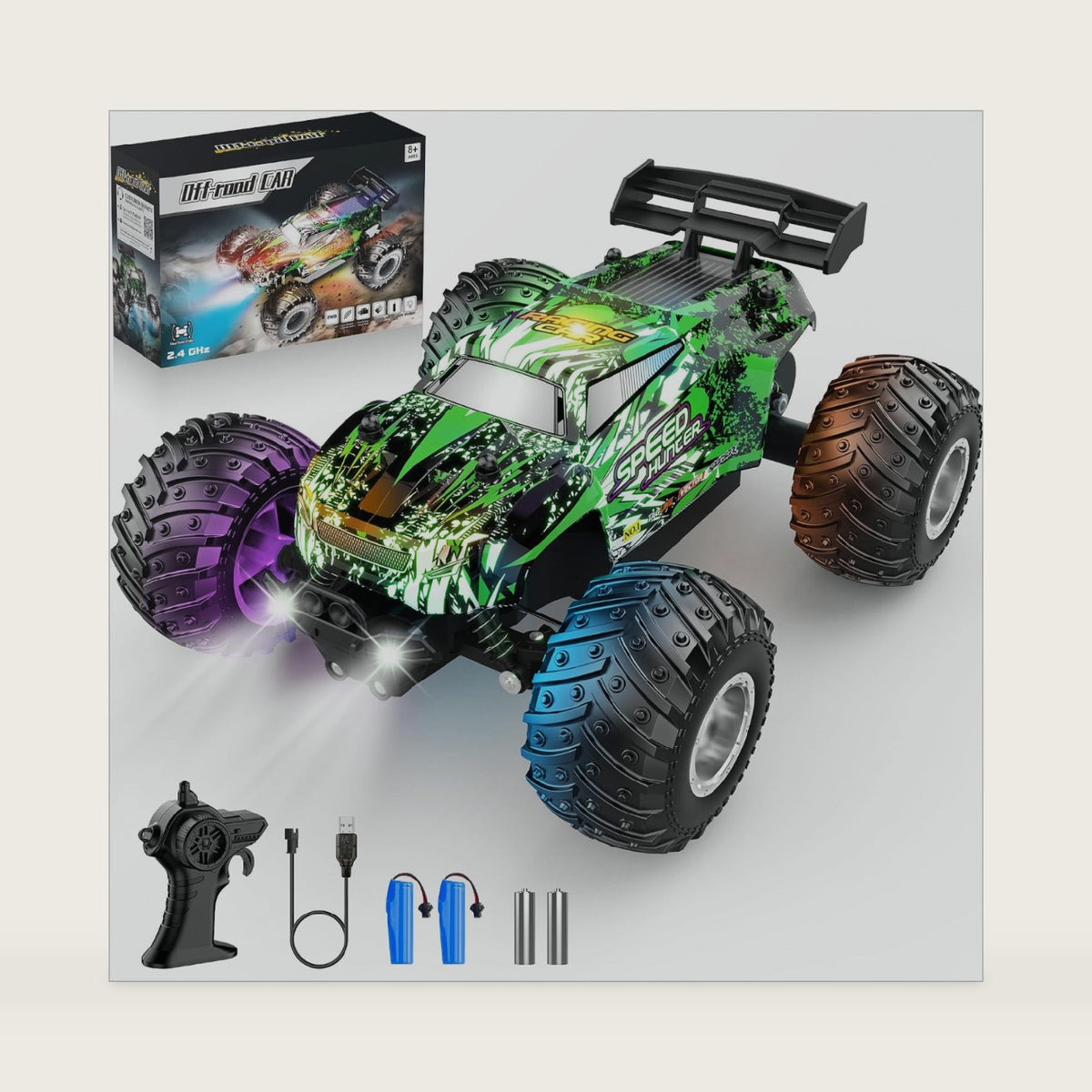 Remote Control Car All-Terrain 1:18 Rc Car with LED Lights 2 Batteries
