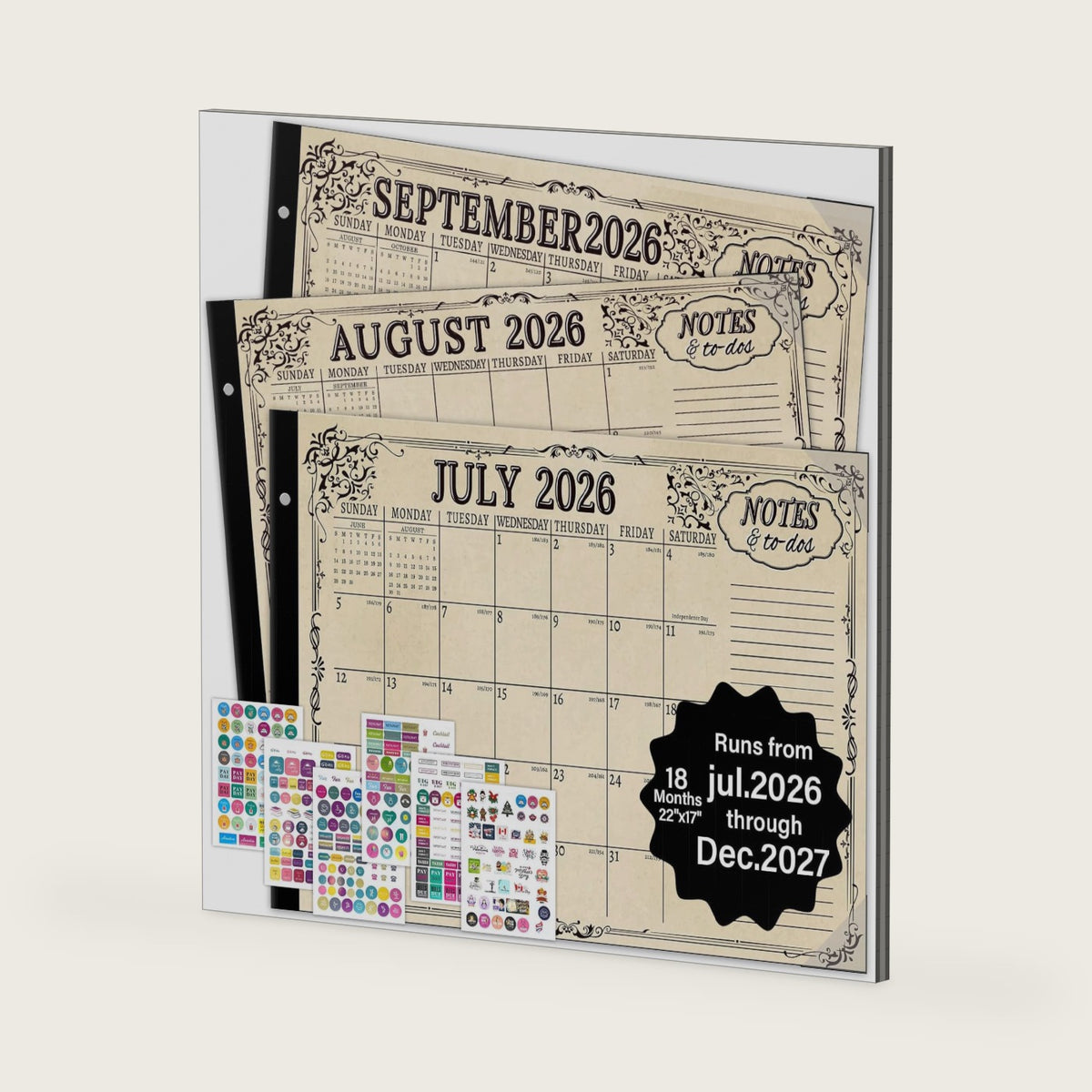 Large Desk Calendar 2026–2027 17"×22", 18-Month Teacher Desktop Calendar with Thick Paper from July 2026 to December 2027 , Daily Blocks, Notes Section & Stickers for Home, Office & Classroom (Vintage)
