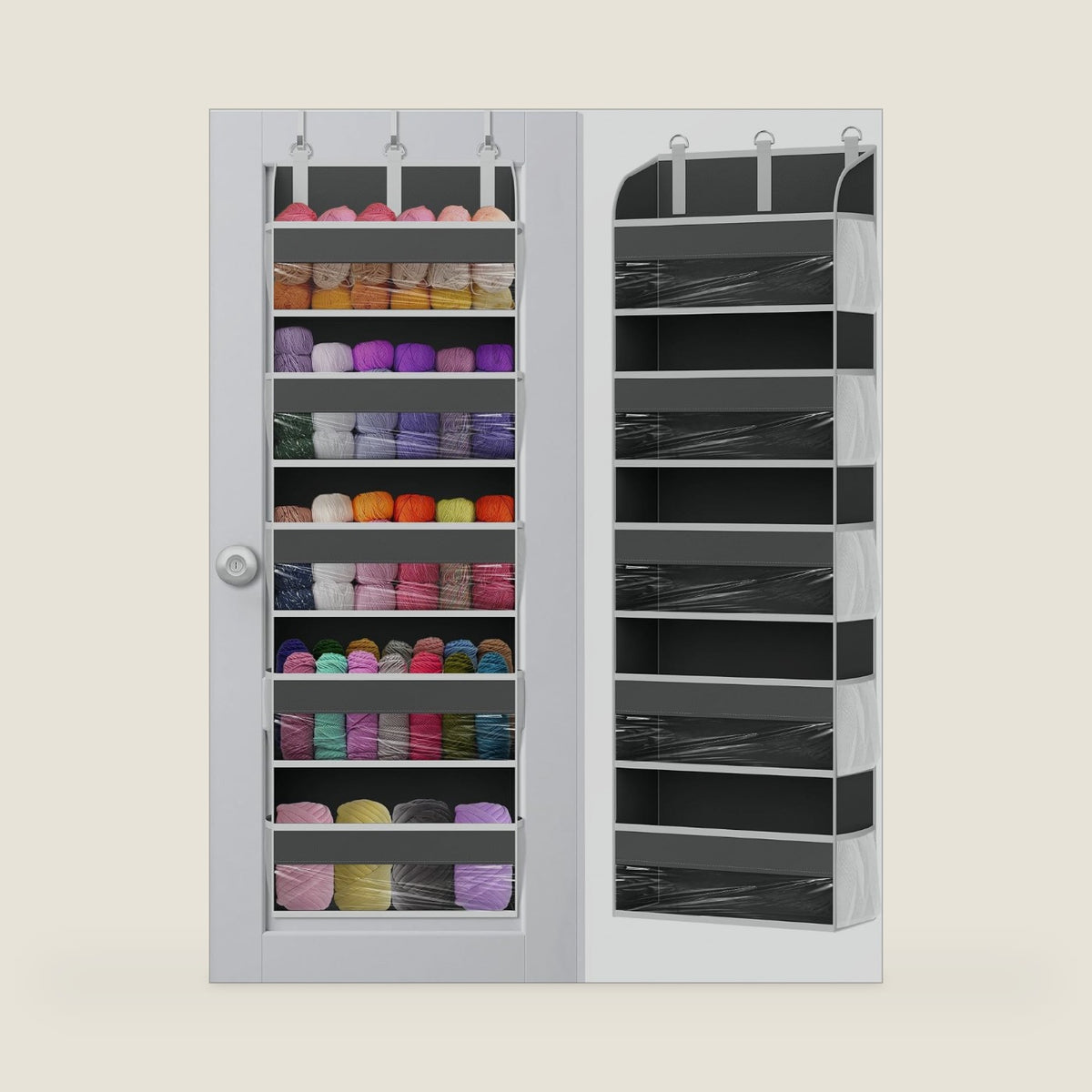 KYEVIS Hanging Yarn Storage Organizer, Large Yarn Orgniazer with 5 Clear Pockets Organizer and 10 Mesh Side Pockets, Available to Knitting Accessories & Crochet Yarn Storage (Dark Grey)