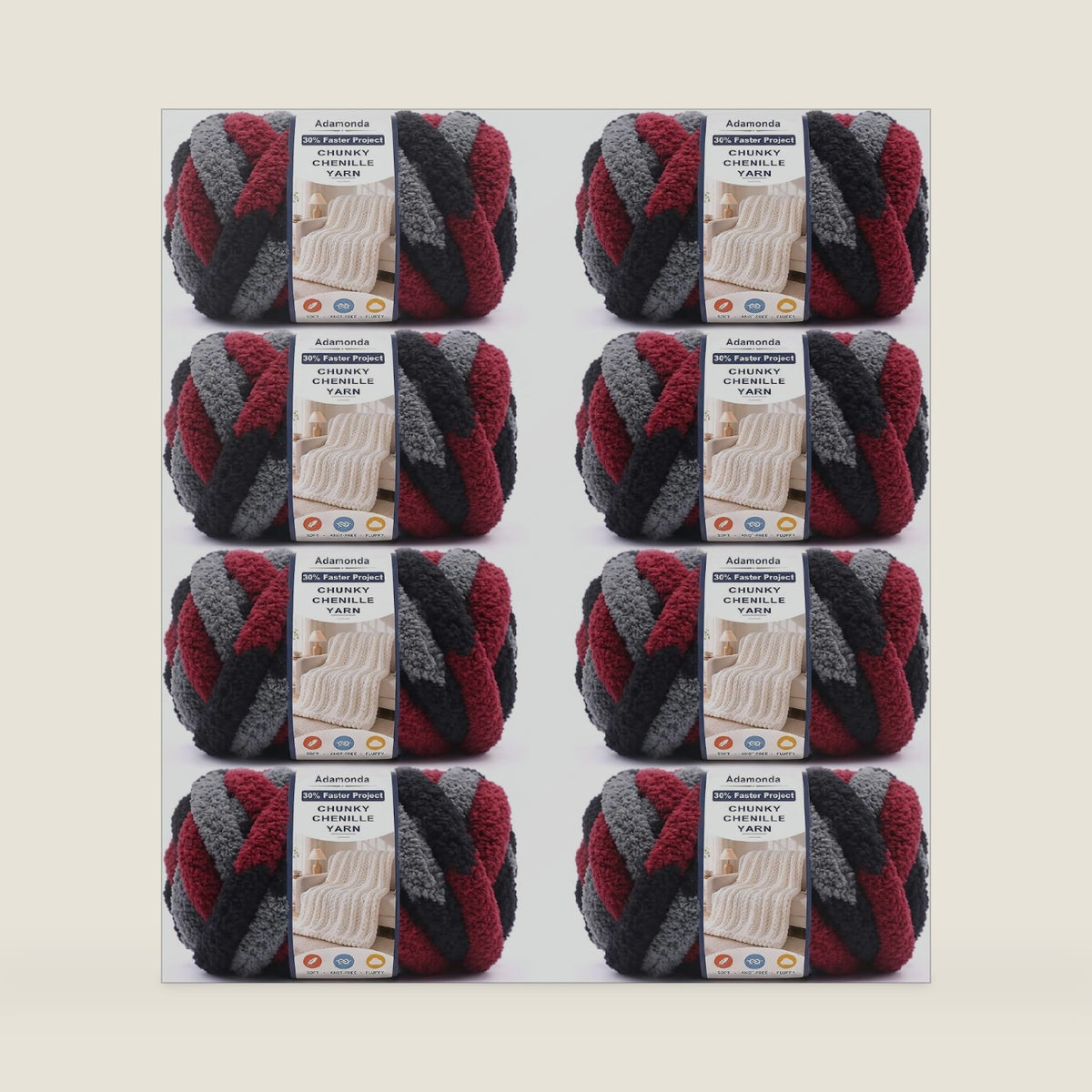 Chunky Yarn for Hand Knitting - #8 Chunky Chenille Yarn, Thick Fluffy Chunky Knit Blanket Yarns, Chunky Yarns for Crocheting & DIY Crafts, 8 Skeins (8.1 Ounces Each),Grey & Black & Red