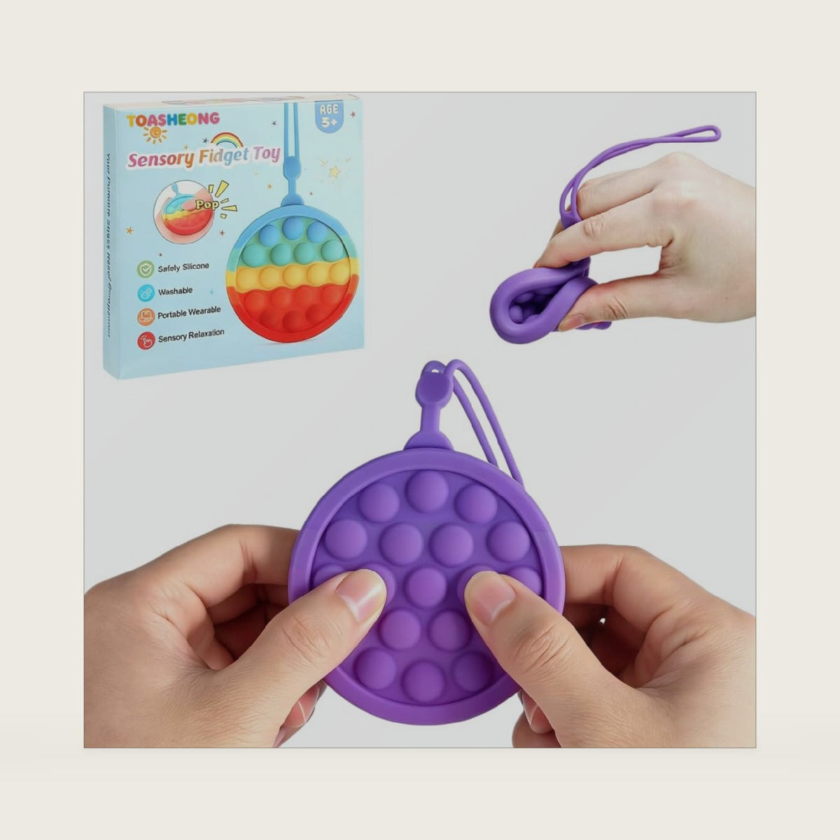 Instant Rebound Fidget Toy with Wrist Strap, No Flip Push Pop Sensory Toy, Continuous Press Bubble Toy for Kids and Adults, Silicone Stress Relief Toy, Keychain Fidget for Travel and School (Purple)