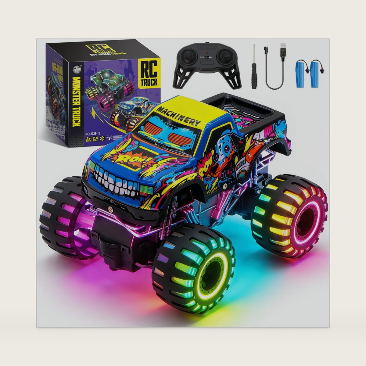 Remote Control Monster Truck Toys for Kids, 1:20 Scale 2.4GHz RC Car with Lights, All Terrain Rechargeable RC Truck with 2 Rechargeable Batteries, Toy Gift Birthday Christmas for Boys Girls Toddlers