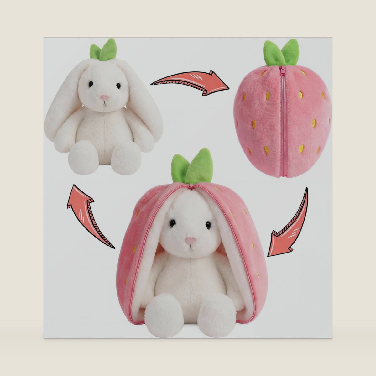 Funny Strawberry Bunny Stuffed Animal,Strawberry Reversible Cuddle Bunnies Doll with Zipper Cute Soft Rabbit Toys Pillow,Kawaii Easter Bunny Plush Gifts or Valentines