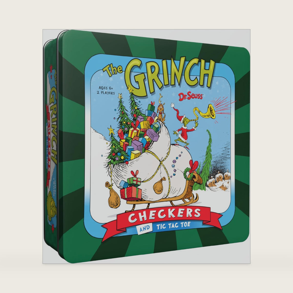 Grinch Checkers & Tic Tac Toe Board Game, 2 Games in One Set, Custom Double-Sided Board, Featuring Grinch and Whoville Token Pieces, Officially Licensed Dr. Seuss Gift & Collectible, 2 Player, Ages 6+