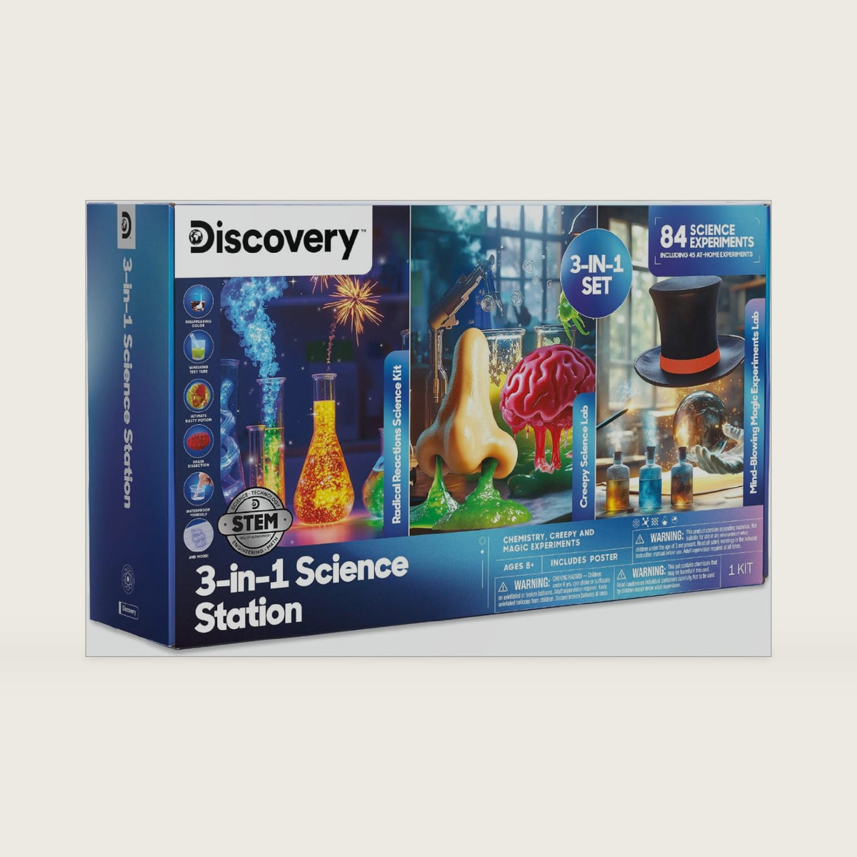 Discovery 3-in-1 Science Station for Kids| 84 Science Experiment Kit| Erupting Volcano, Glow Slime, Brain Dissection, Magic Potions| STEM Chemistry Activity Set| Educational Learning Toy| Gift Ages 8+