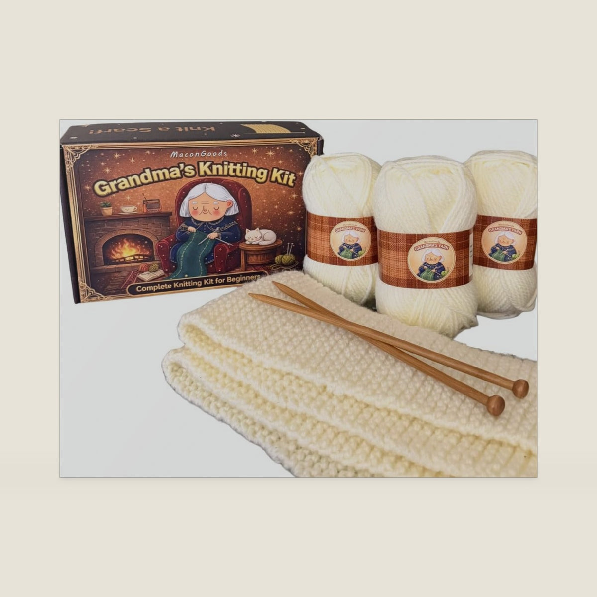 MaconGoods Grandma's Knitting Kit - Longer Scarf Kit - Complete Knitting Kit for Beginners - Includes Beginner Yarn, Bamboo Needles, Video Tutorial & Guide - Easy to Learn Knit Kit