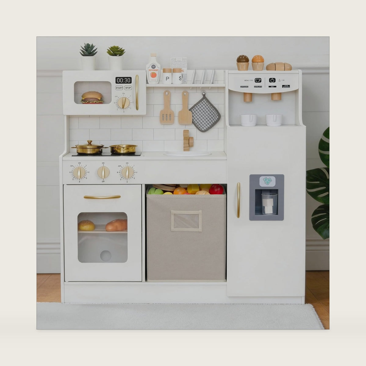 inFUNSAME Wooden Play Kitchen for Kids with Storage Box & 18 Accessories