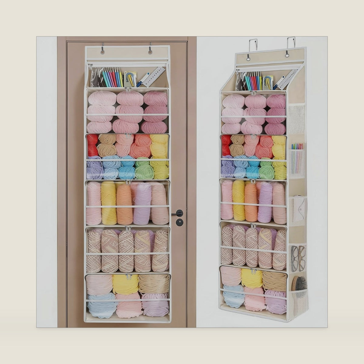 Hanging Yarn Storage Organizer, Over the Door Organizer, 6 Tier Oxford Fabric Yarn Organizers and Storage with Clear PVC Window & Mesh Pockets, Metal Hooks