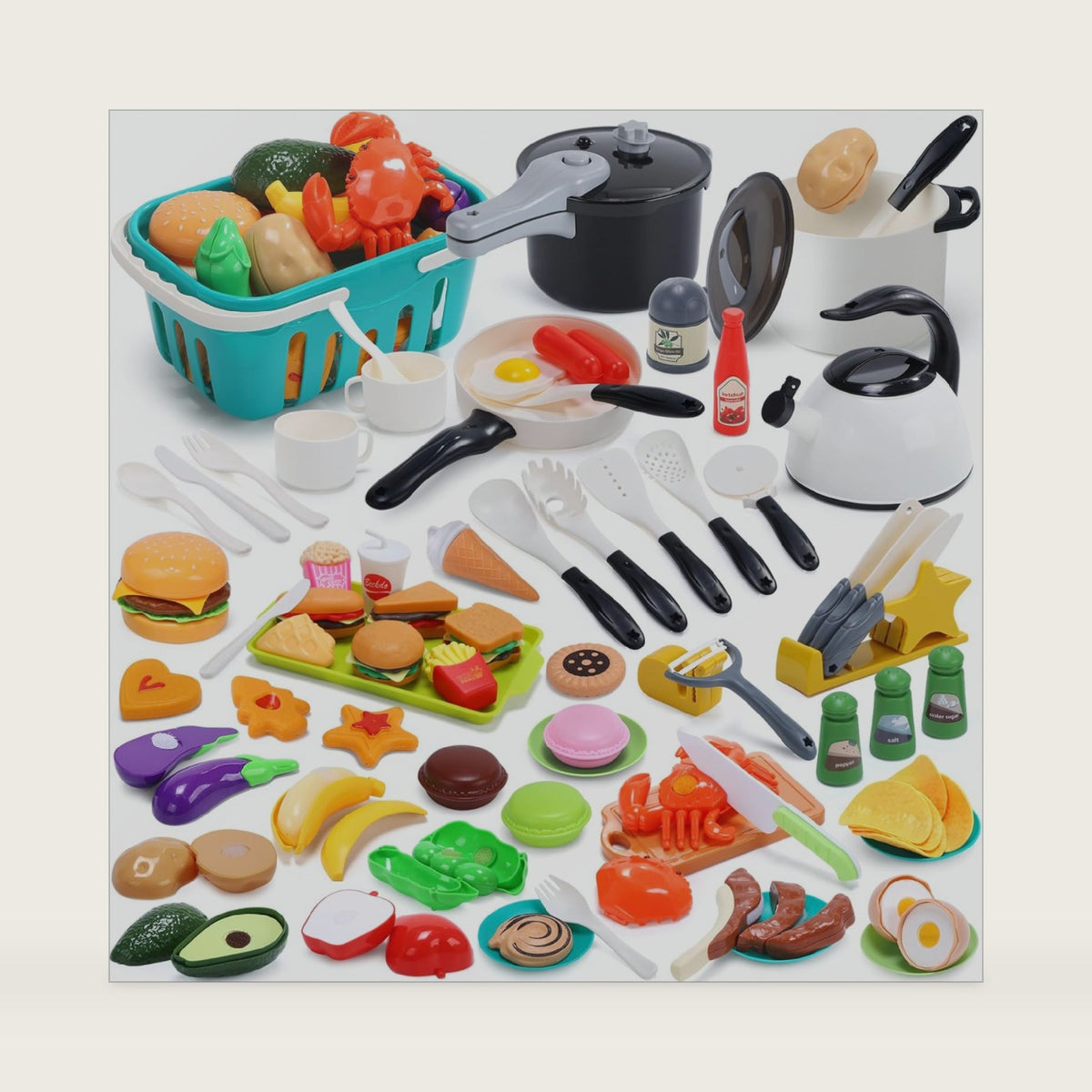 HOLYFUN 74PCS Kids Kitchen Accessories with Play Food & Basket