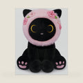 Black Cat Plush with Removable Sakura Flower Hood, Cherry Blossom Cat Plush