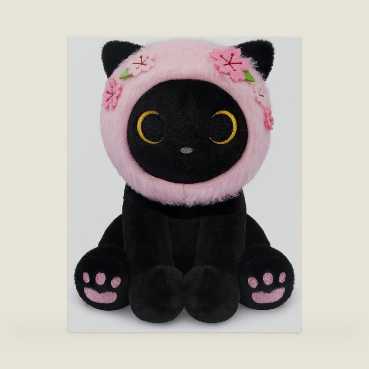 Black Cat Plush with Removable Sakura Flower Hood, Cherry Blossom Cat Plush