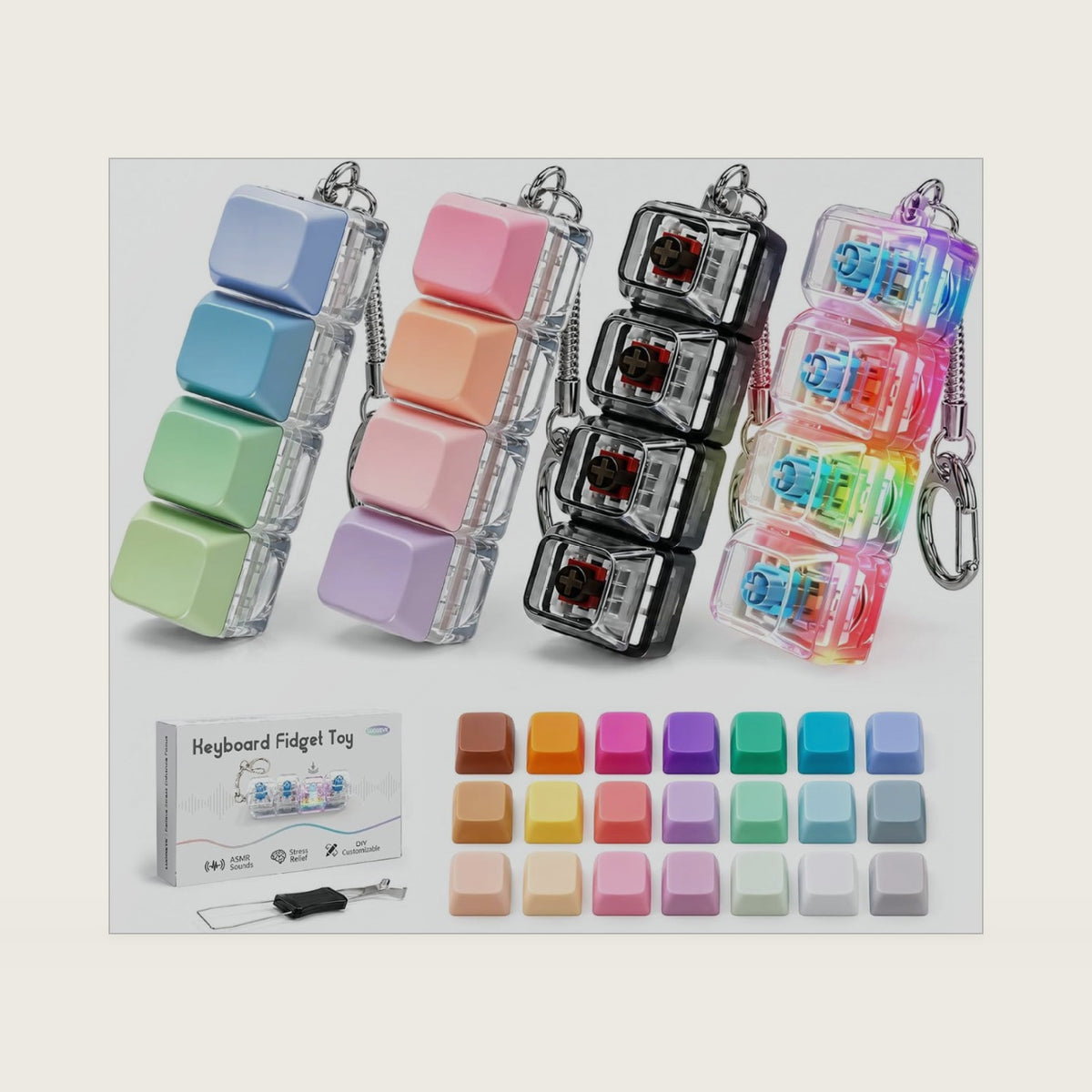 4Pcs Keyboard Fidget Keychain DIY Clicker Set, Stress Relief LED