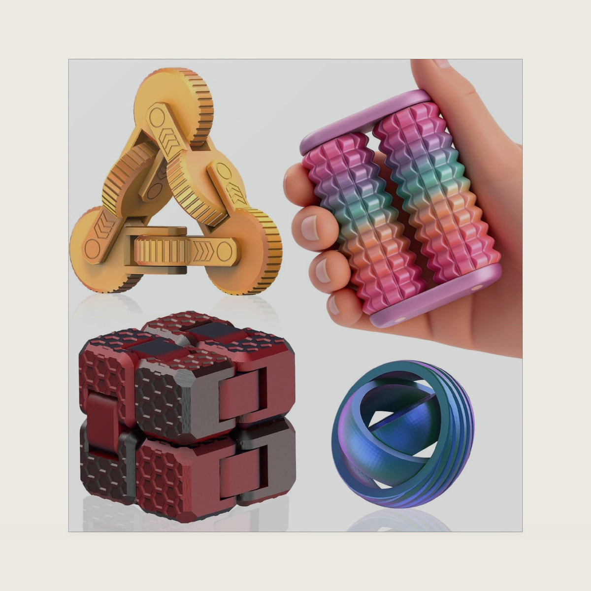Fidget Toy Set, 4 Pack, Infinite Twist Cube, Finger Spinning Ball, 3D Cube Spinning Top, Spiked Handheld Massage Roller, for Adults and Kids