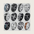 FIBO STEEL 12PCS Rings for Men Women Jewelry Gift, Stainless Steel Fidget Ring, Spinner Ring for Anxiety, Non Tarnish Mens Wedding Engagement Promise Band Set - Black/Silver Tone, Comfort Fit Size 7-13