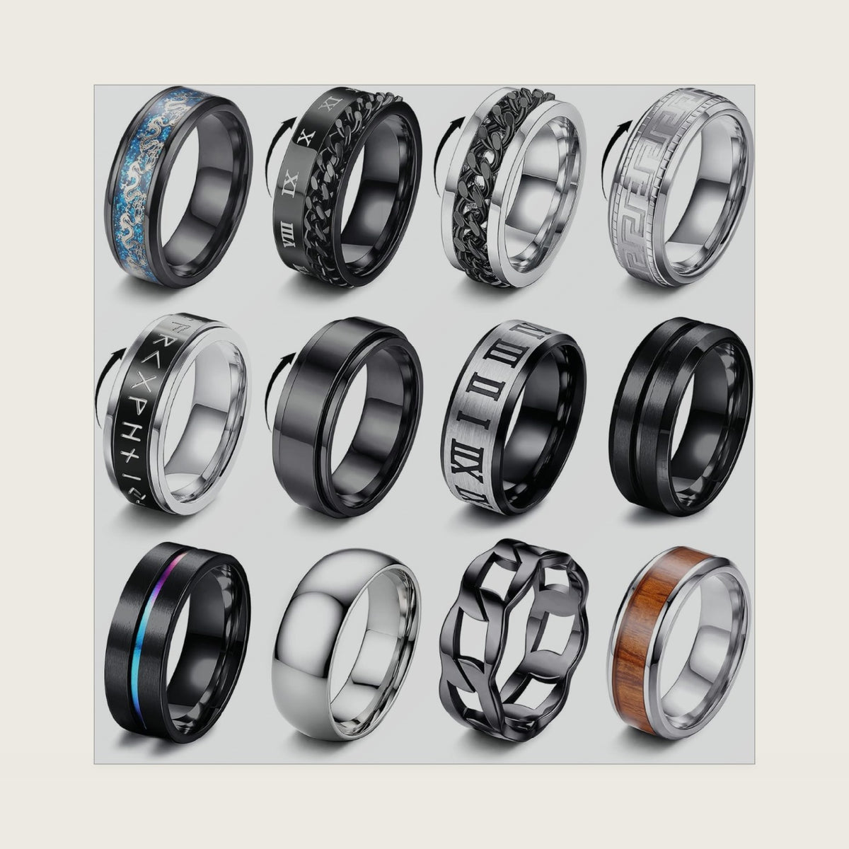 FIBO STEEL 12PCS Rings for Men Women Jewelry Gift, Stainless Steel Fidget Ring, Spinner Ring for Anxiety, Non Tarnish Mens Wedding Engagement Promise Band Set - Black/Silver Tone, Comfort Fit Size 7-13