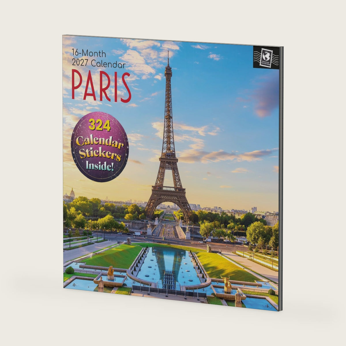 2027 Square Wall Calendar - Paris 12 x 12 Inch Monthly View, 16-Month, Passport Collection Theme, Includes 180 Reminder Stickers