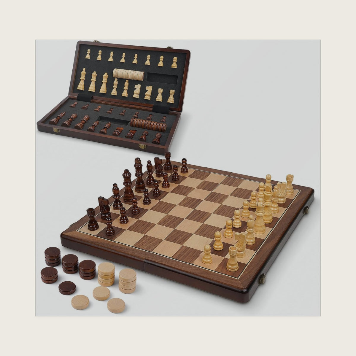 2-in-1 Magnetic Checkers & Chess Set for Adults & Kids, 15” Foldable Wooden Chess Board with Full Magnetic Pieces, Organized Storage Slots, Portable Travel Chess Game with 2 Extra Queens