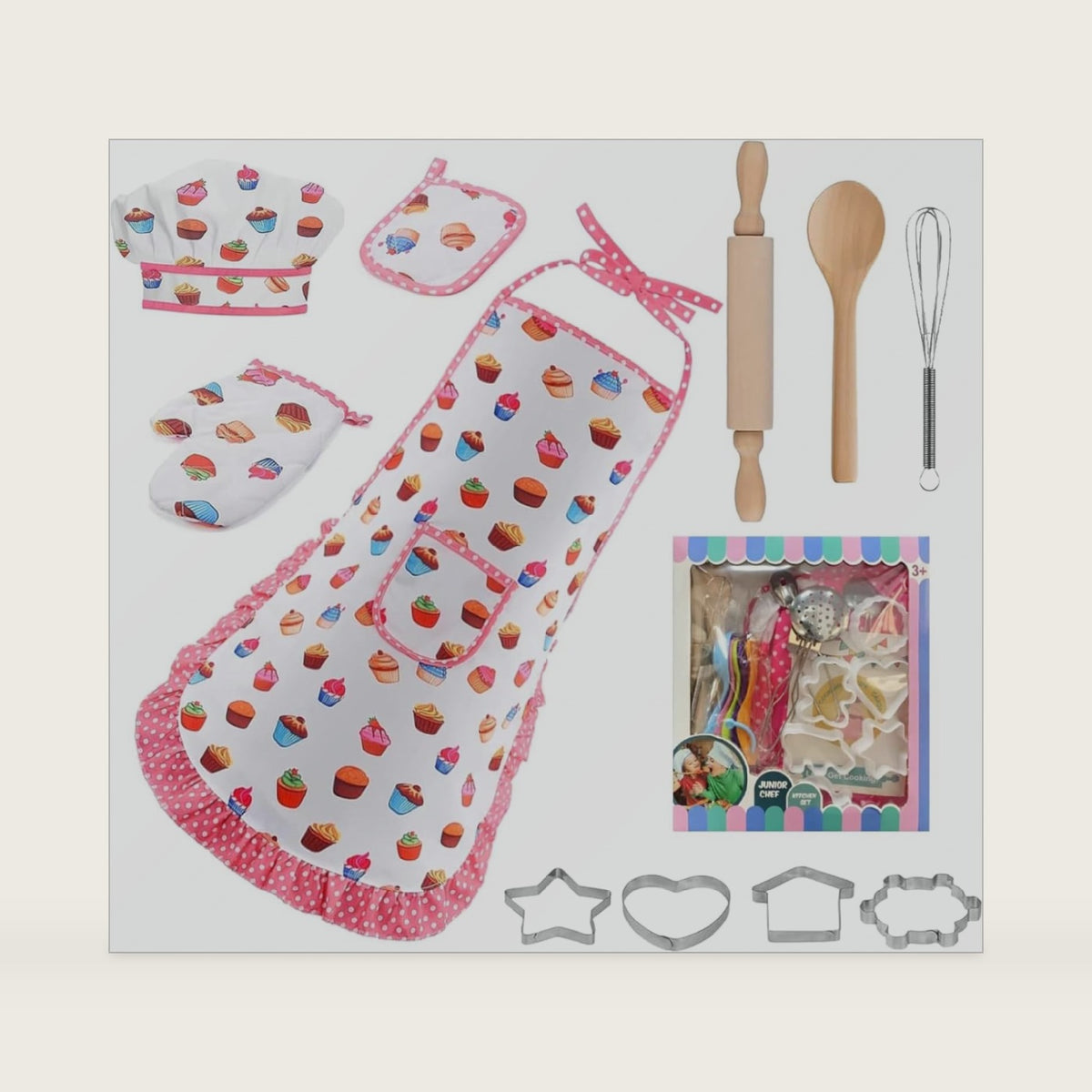 11PCS Kids Baking Set for Girls Ages 3-8, Toddler Chef Hat and Adjustable Apron Pretend Play Toys, Machine Washable Kitchen Cooking Set with Cookie Cutters, Gift for Little Chefs