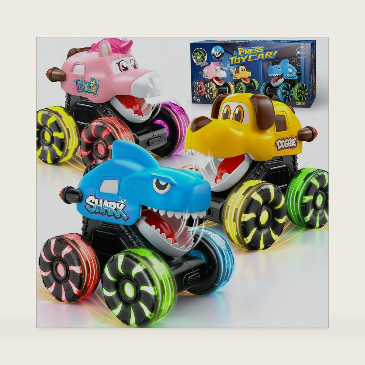 Intoypad 3 Pack Monster Truck Toys for Kids Toddler, Shark Dog Unicorn Press & Go Light Up Wheels Car Toys Chomping Mouth Truck Toy for 2 3 4 5 6 7 8 Years Old Boys Girls Baby Christmas Birthday Gifts