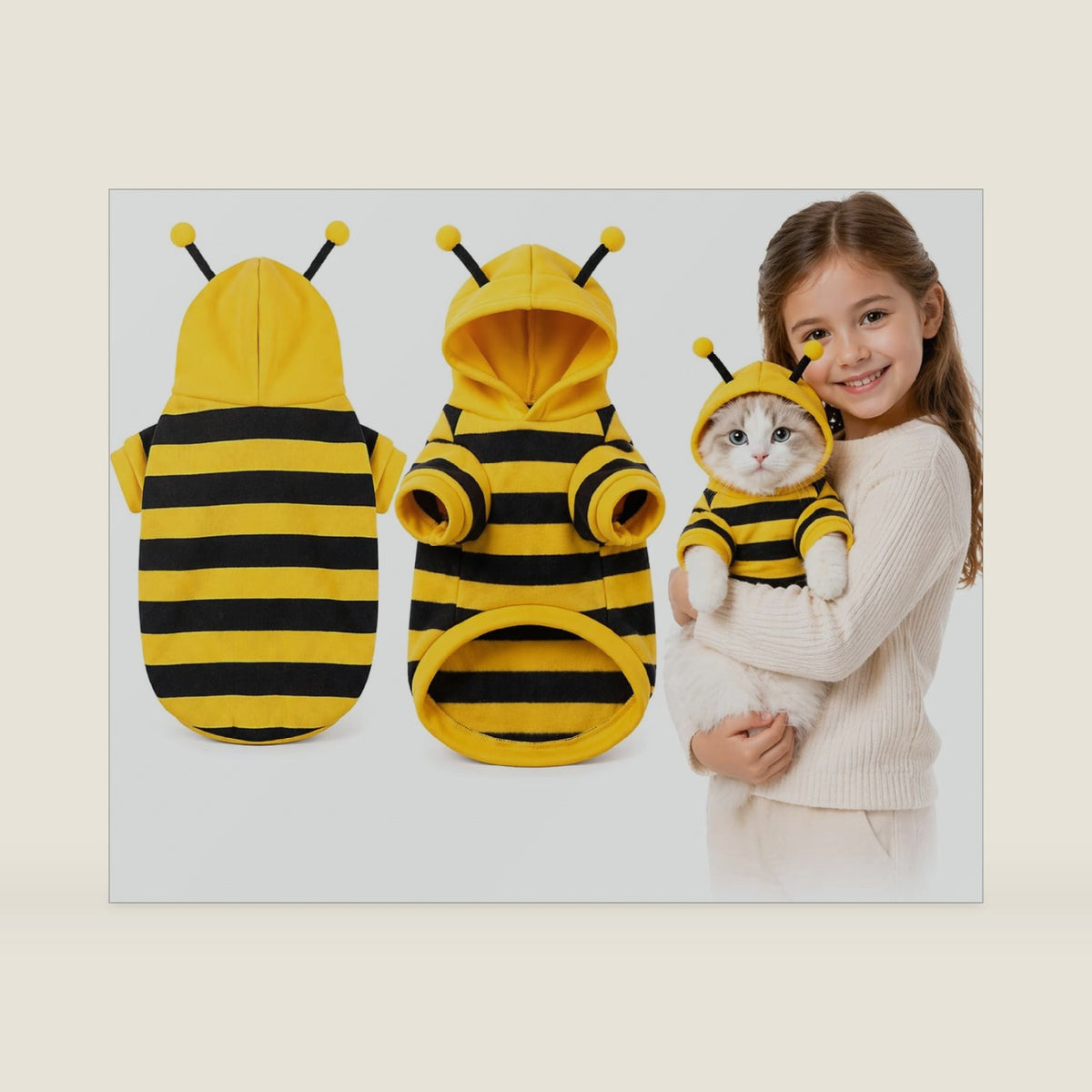 Cute Cat Bee Costume - Pet Halloween Apparel Bumble Bee Cosplay Clothes Antennae, Soft Warm Fleece Hoodie for Cats, Kittens, and Small Dogs, Perfect for Festival Party and Photo Shoot S/M