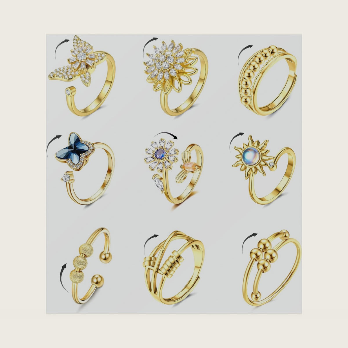 14K Gold Plated Fidget Ring for Women Adjustable Anxiety Ring Set 9Pcs