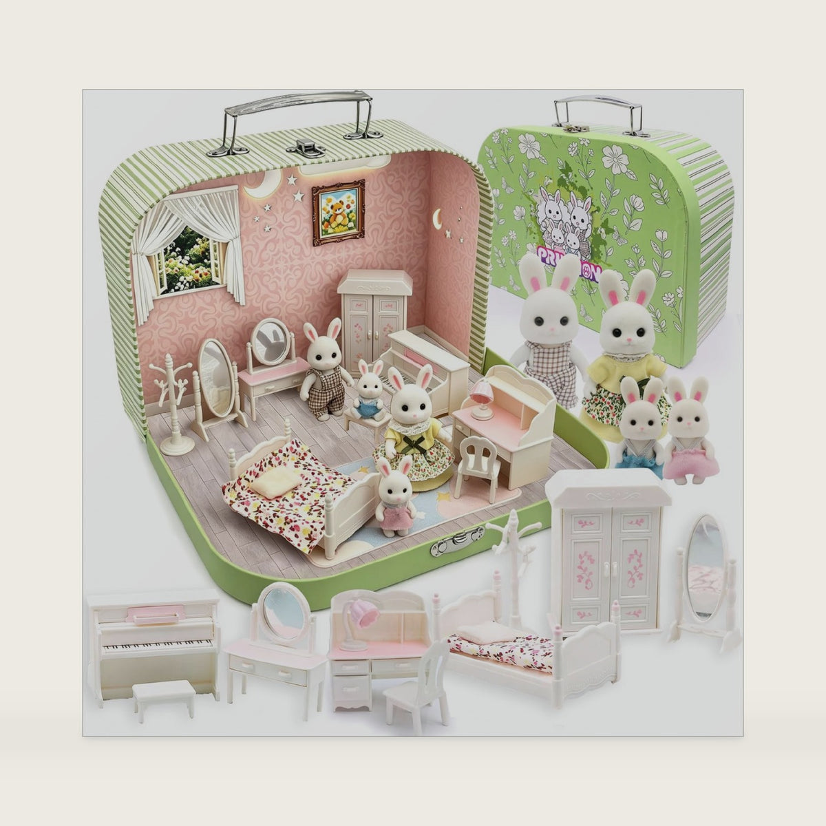 Dollhouse Bedroom Furniture Accessories Suitcase Set for Kids, Miniature Bed Wardrobe Dressing Mirror Piano Chair Table & 4 Flexible Dolls, Pretend Play Toy for Girls Ages 3+ (Girls' Bedroom)