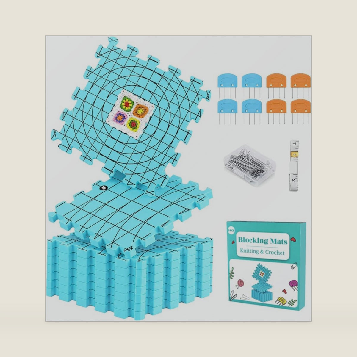 Yarniss 9PCS Blocking Mats for Knitting with 50 T-Pins & 8 Combs 12" x 12"