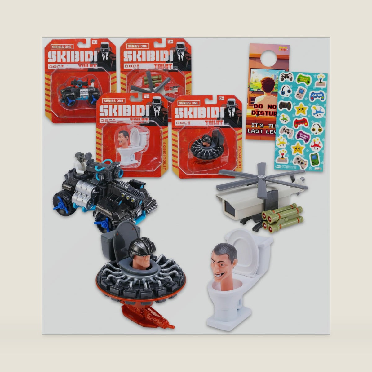 Skibidi Toilet Figure 4 Pack - Bundle with Diecast Vehicles of Camera Attack Helicopter, Parasite Disabler Laser Tank, Assailant Astro Toilet, More Plus Stickers | Skibidi Toilet Collectible Vehicles