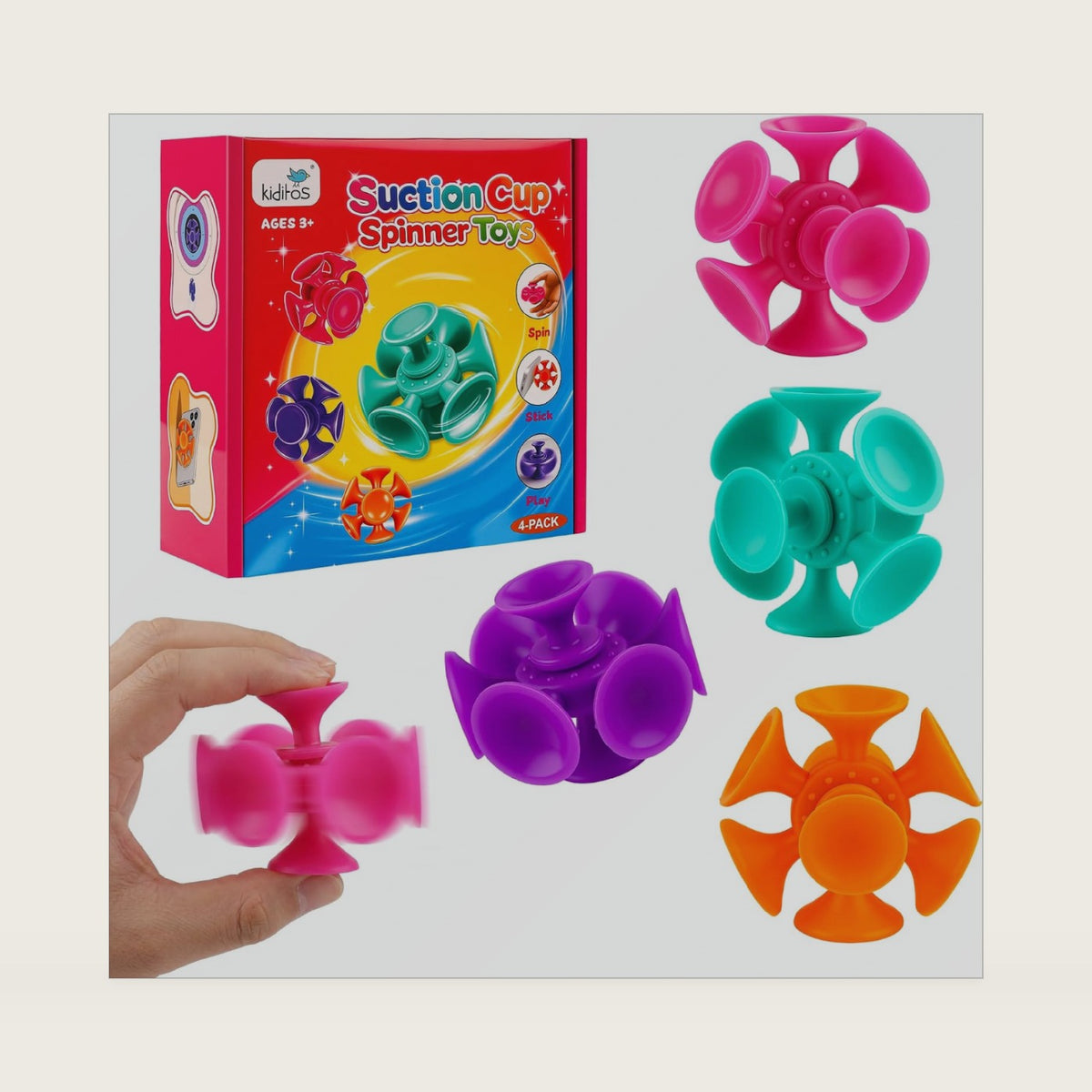 Kiditos Suction Cup Spinner Toys, 4-Pack Sensory Fidget Toys