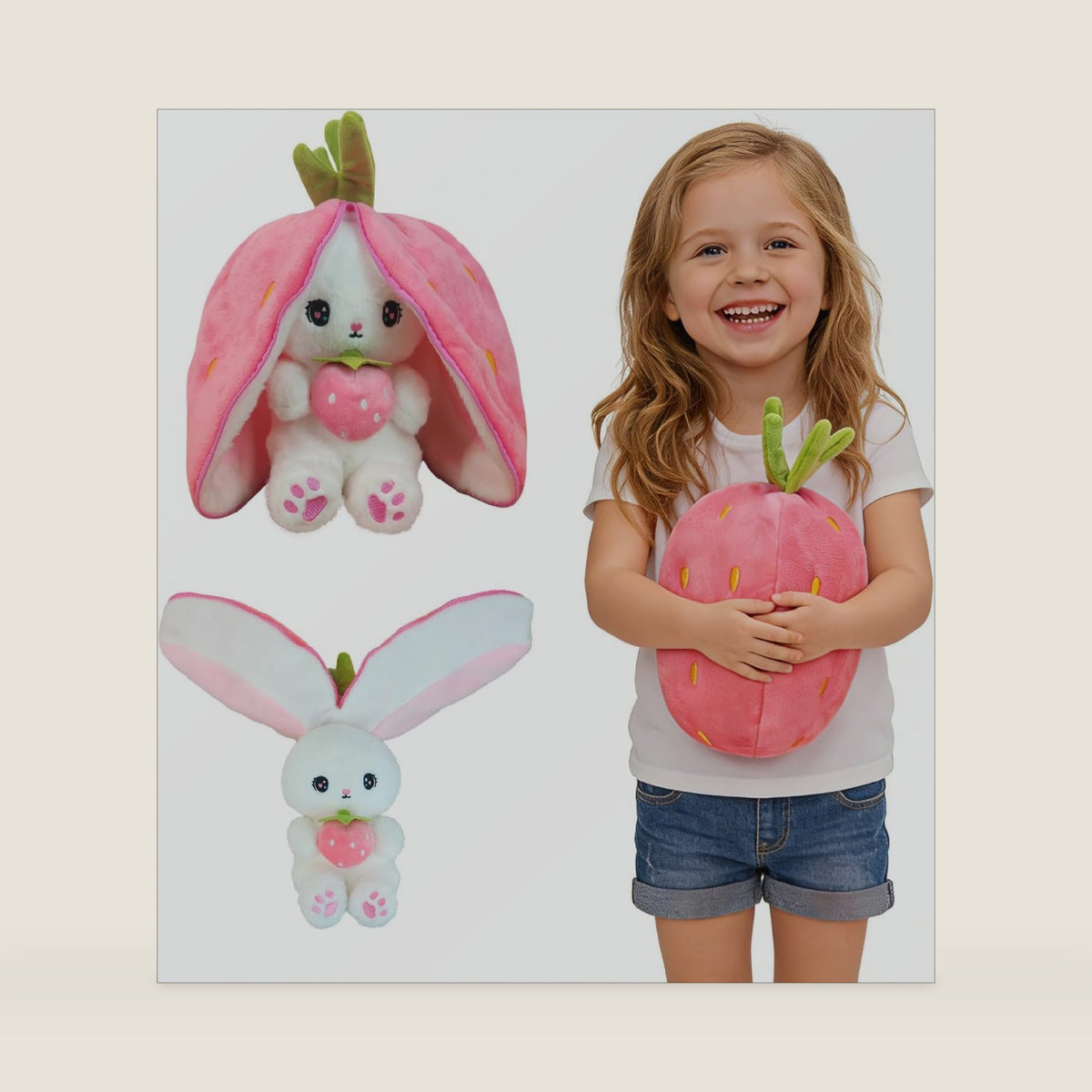 Reversible Bunny Stuffed Animal, Carrot Rabbit Ears Zip Plush Stuffed, Fruit Bunny Plush, Male and Female Gifts for Girlfriend (A Strawberry Rabbit, 7.1inch)