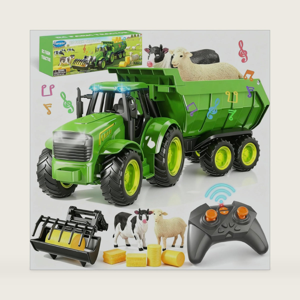 Funwee RC Farm Tractor Toy Playset with Loader, Trailer & Animals