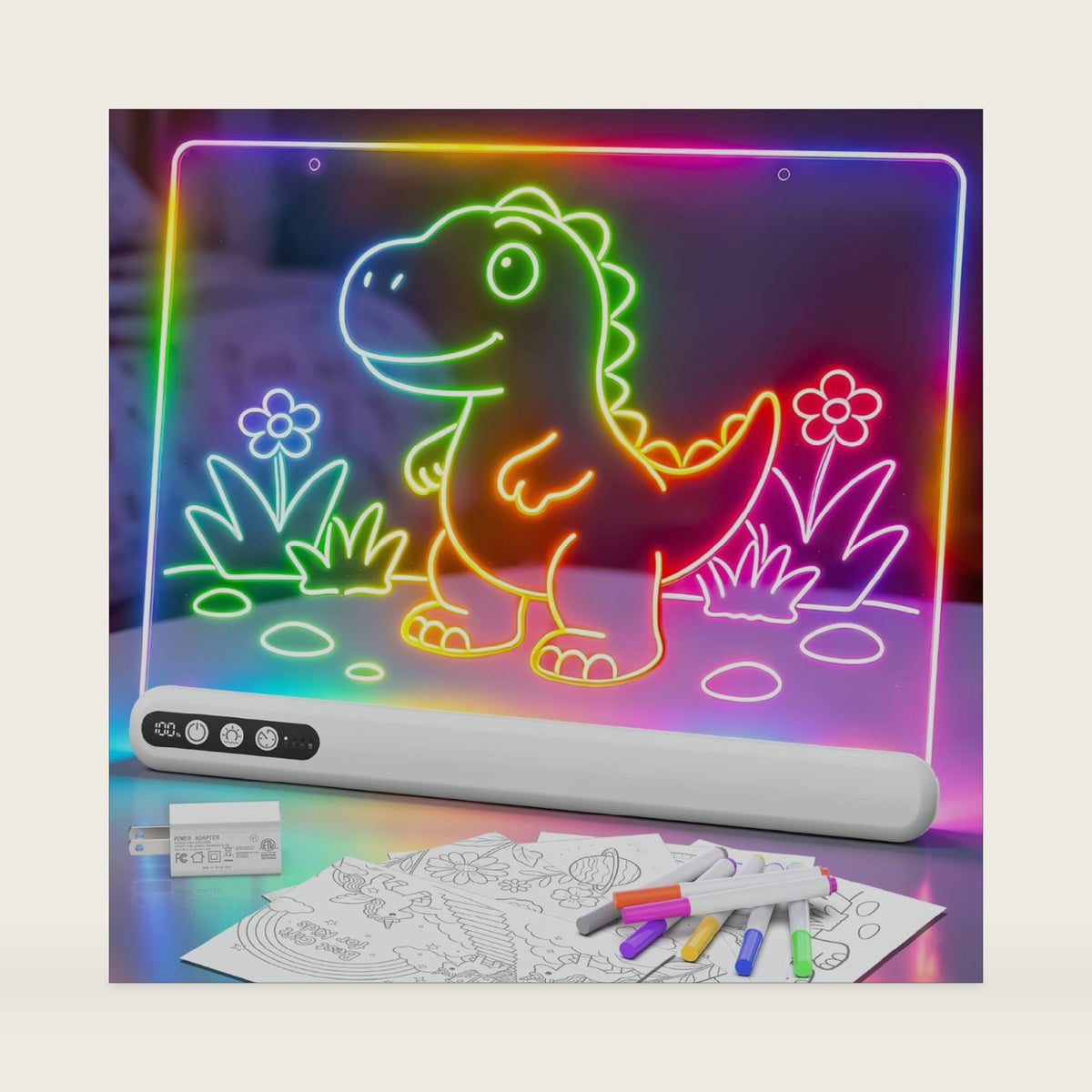 16'' LED Drawing Board for Kids, Rechargeable Led Note Board with 7 Colors, Light Up Drawing Tablet 7 Dynastic Modes Includes Adapter, Christmas Birthday Halloween Gifts for Girls & Boys Age 3+(White)