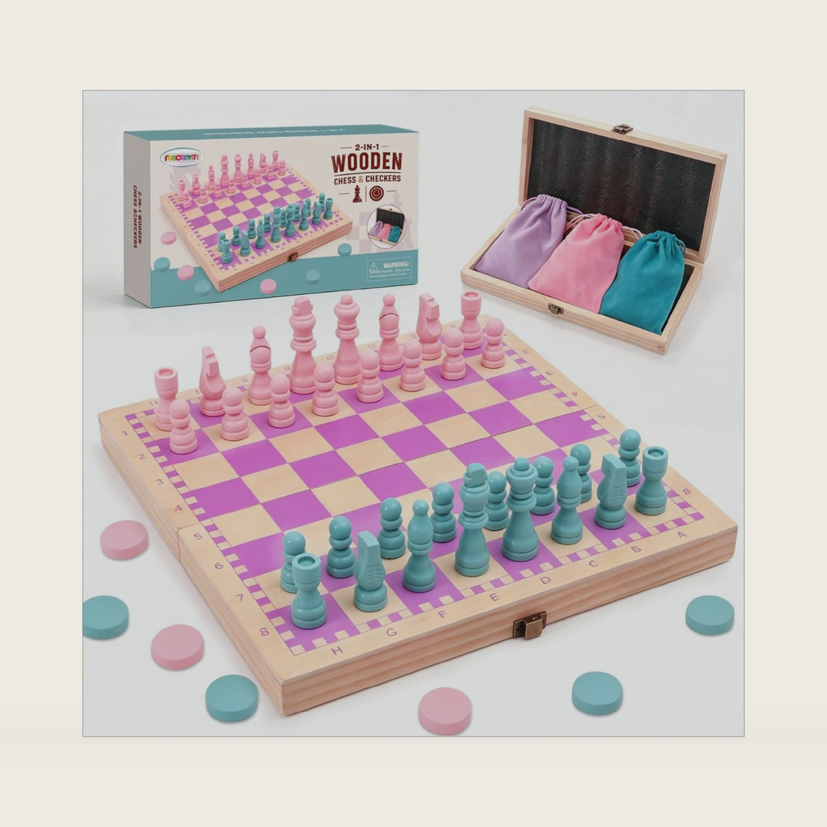 2-in-1 Wooden Chess & Checkers Set, Magnetic Board Game for Beginners