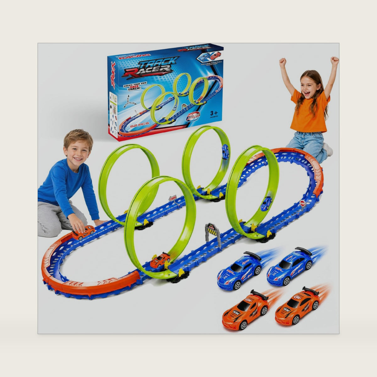 Race Car Track Set with 4 Loops & 4 Cars, 62Pcs Tracks Toy for Kid Ages 3-8