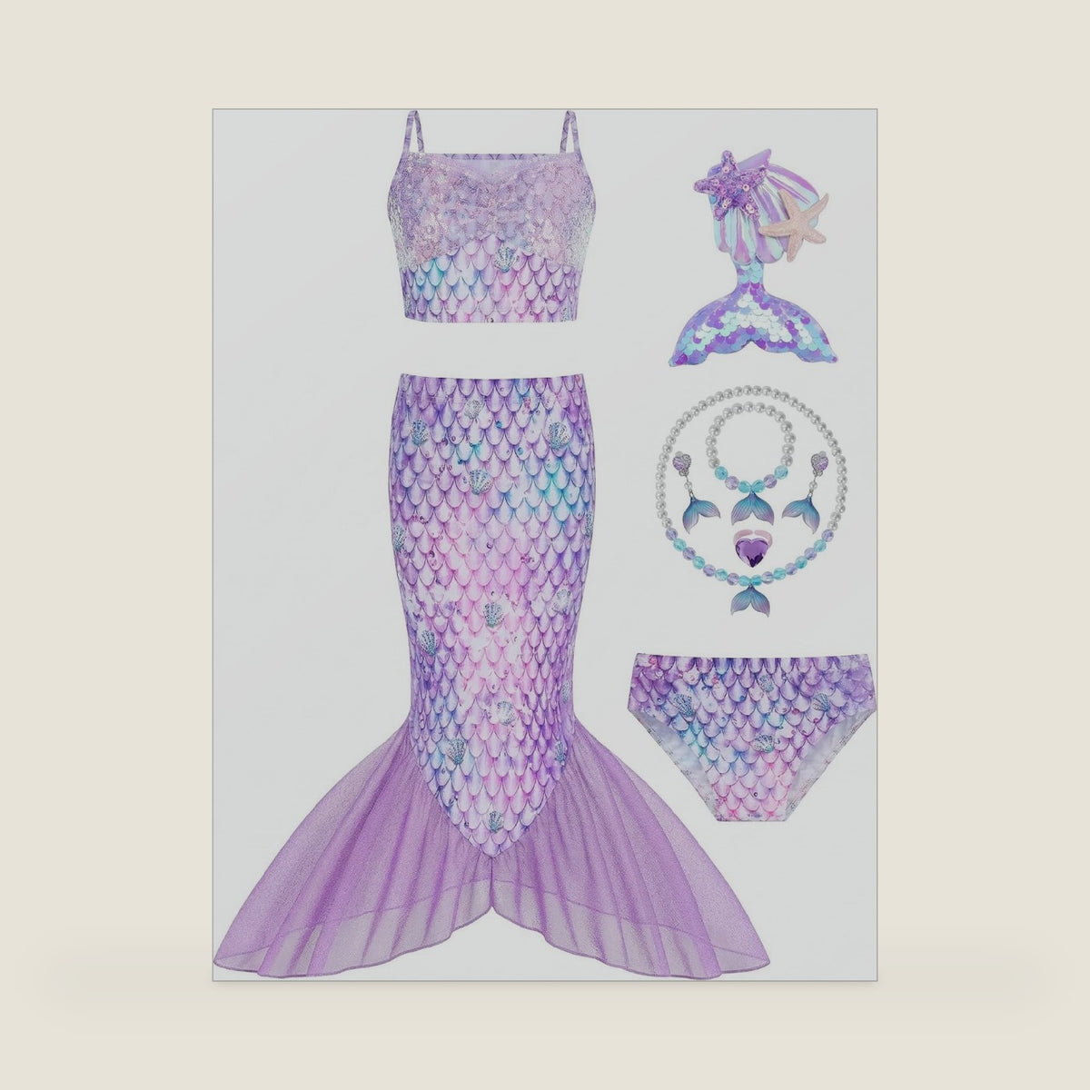 Girls Mermaid Costume 9 Piece Dress Up Set, Open Bottom Skirt with Jewelry