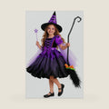 Xumplo Girls Witch Halloween Costume Little Kid 4-Piece Fancy Dress with Magic Wand Broom Hat Theme Party Cosplay