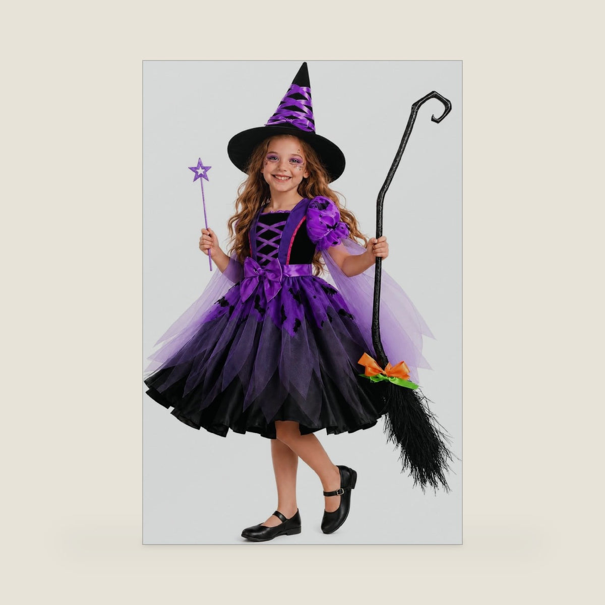 Xumplo Girls Witch Halloween Costume Little Kid 4-Piece Fancy Dress with Magic Wand Broom Hat Theme Party Cosplay