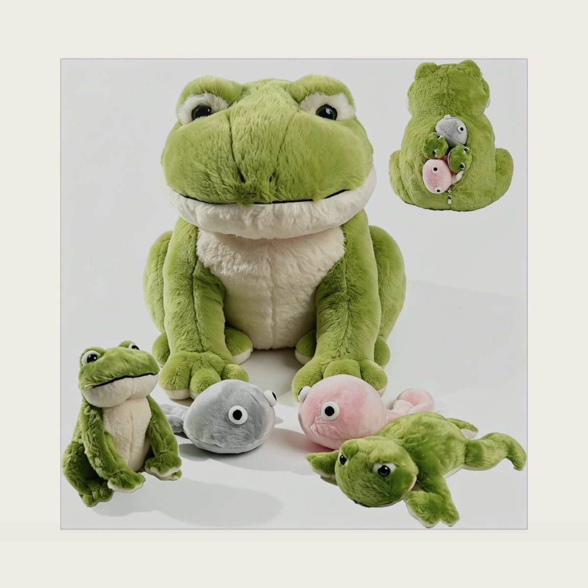 Green Frog Stuffed Animal, 12'' Big Frog & 2 Small Frogs & 2 Tadpoles