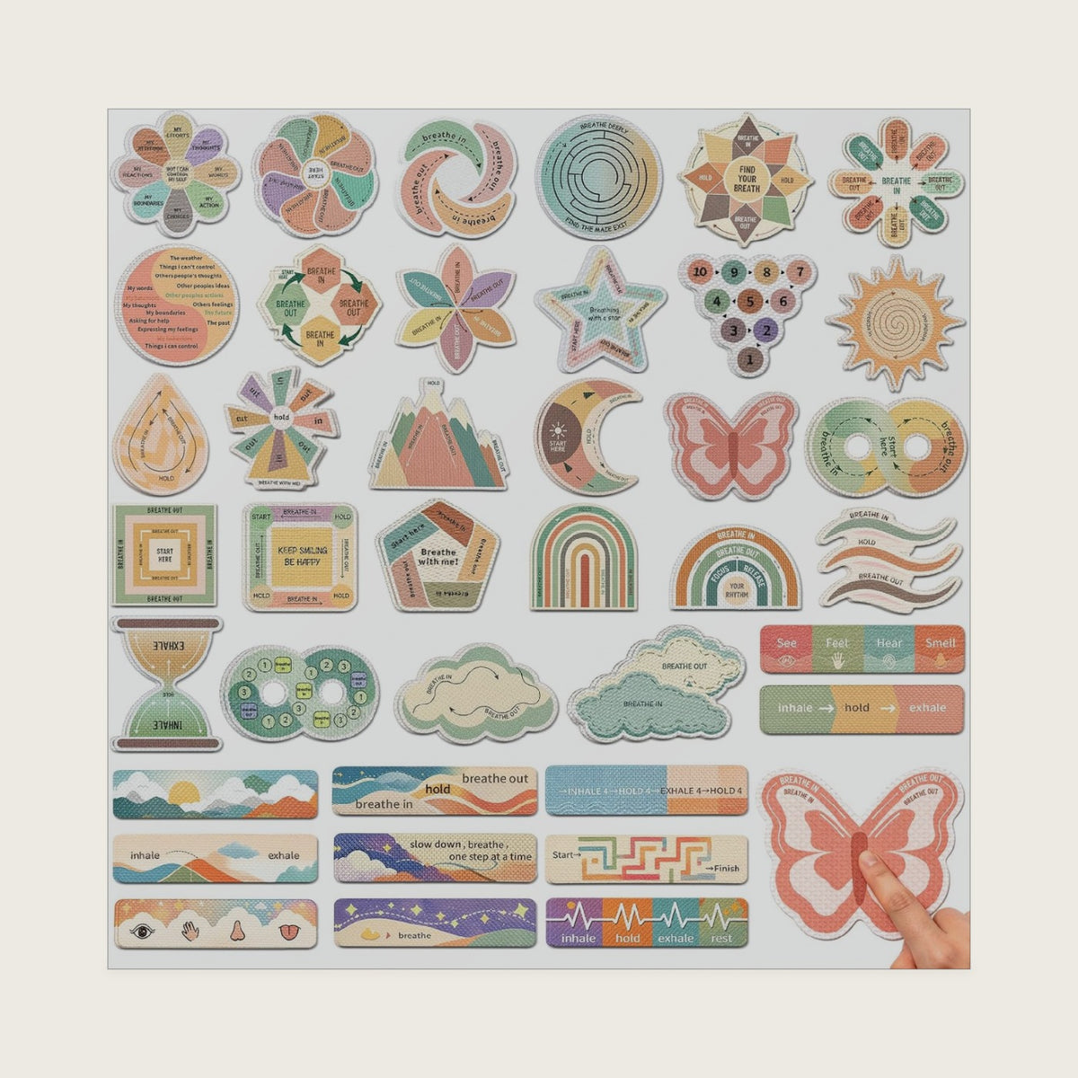 Sensory Stickers Bulk, 150 Pcs Textured Sensory Strips and Fidget Strips with Cute Mindfulness Designs, 2 Tactile Surfaces, Storage Box for Classroom Desks, Office, Adults