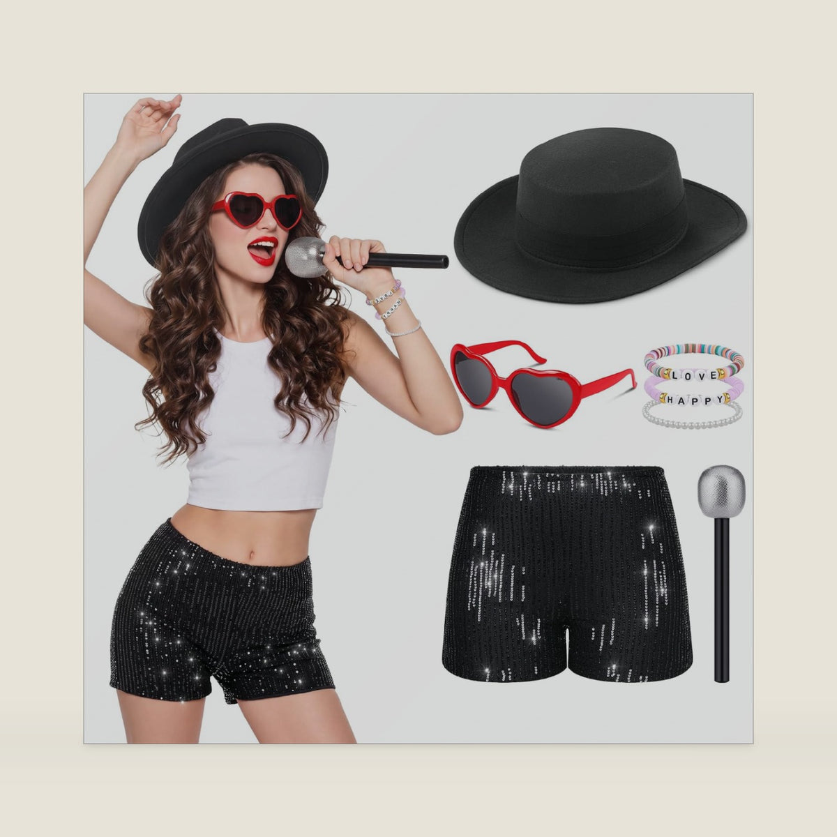 AOTHSO Women Singer Costume Set with Sequins Shorts Bracelets Hat Sunglasses for Music Festival Concert Halloween Party