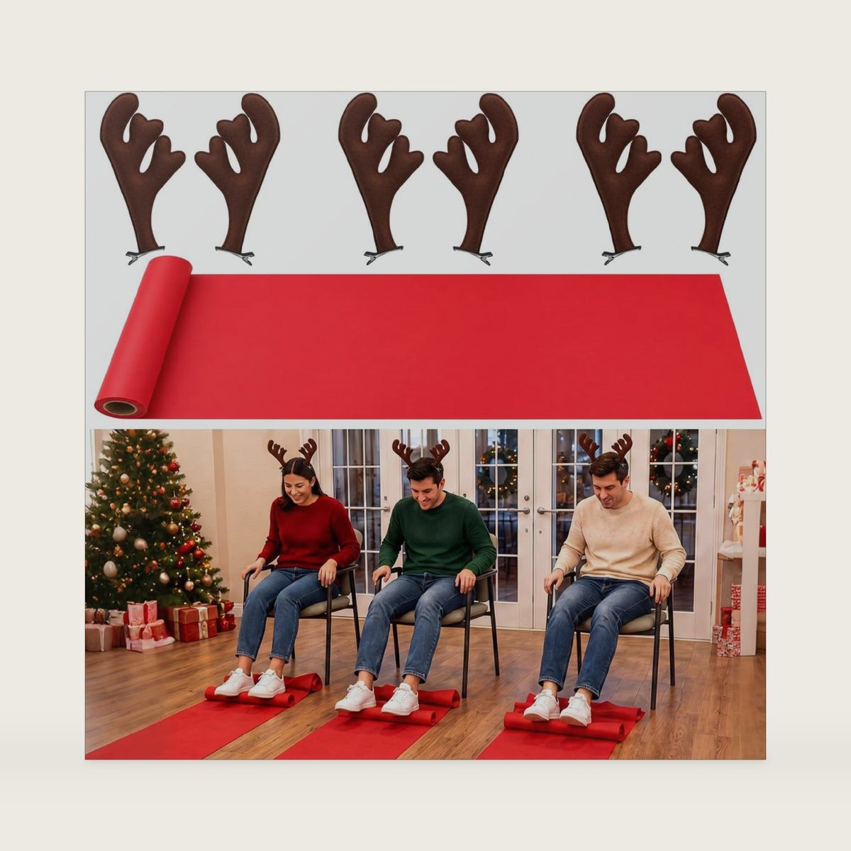 Sosation Christmas Party Game, 3 Player Chair Race with Reindeer Antlers