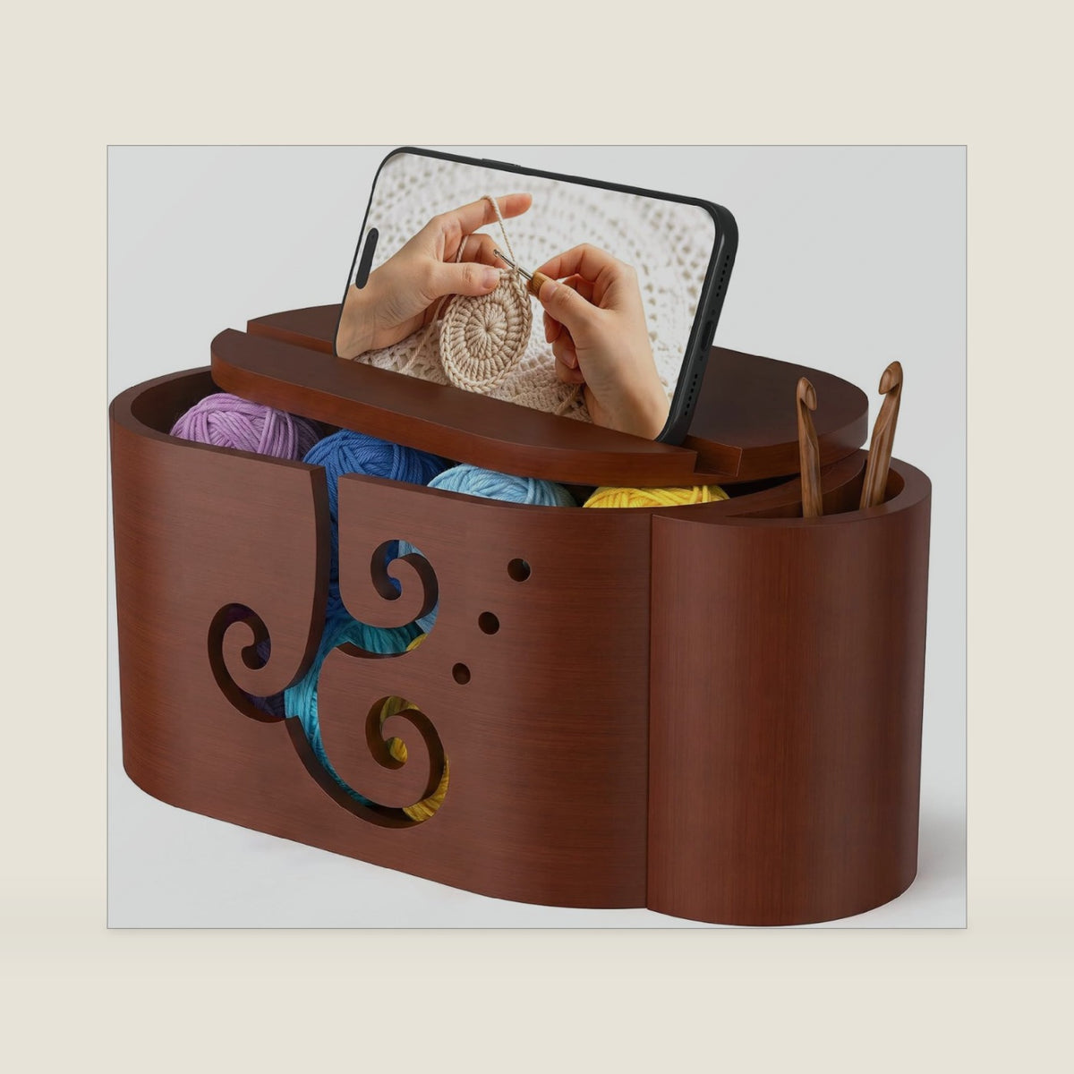 Wooden Yarn Bowl with Lid for Knitting & Crocheting